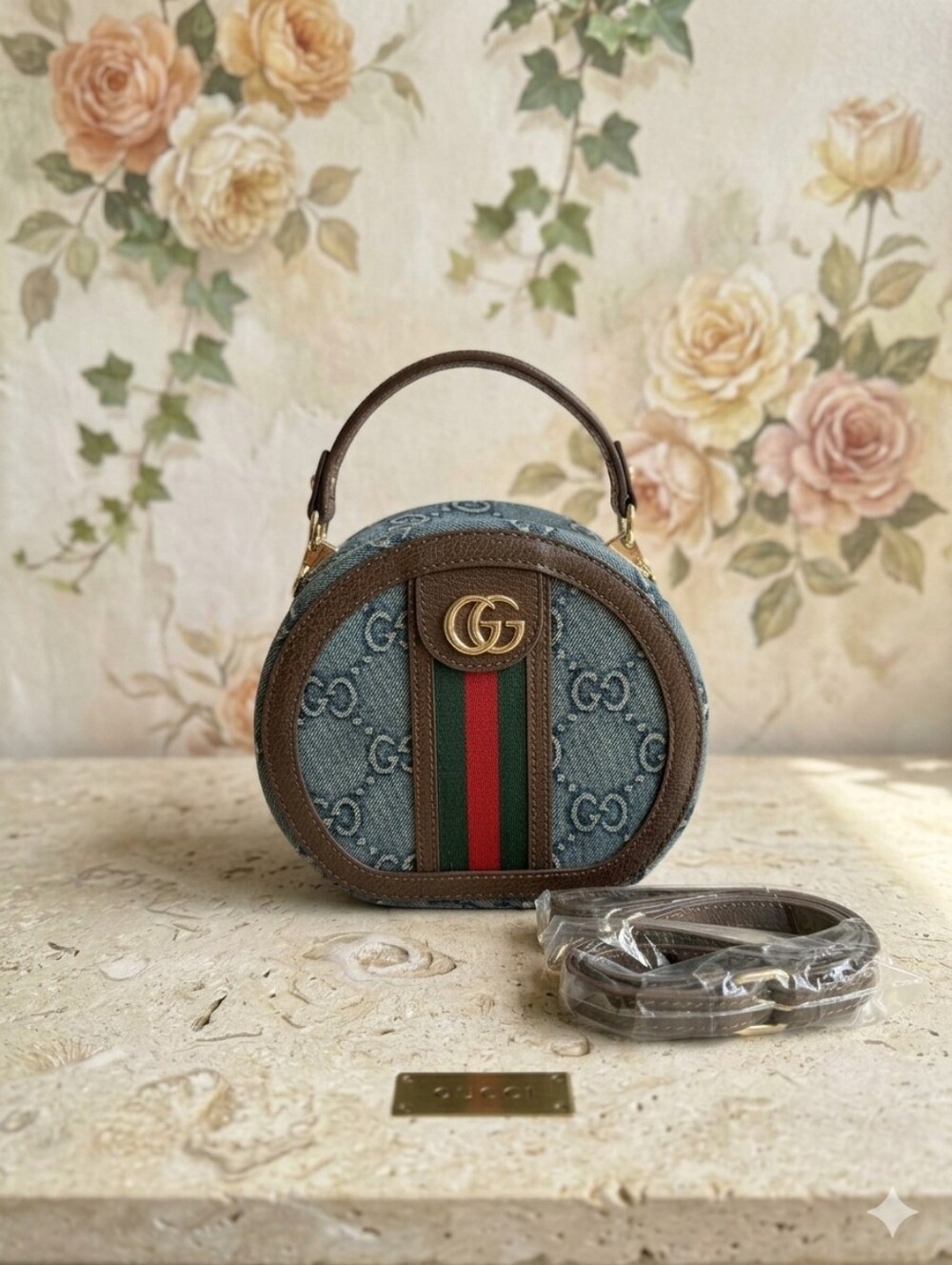 ♡♡♡ Blue Denim GG Round Mini Shoulder Bag with Brown Trim